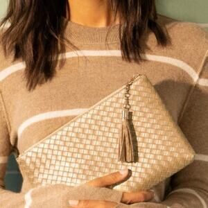 Virginia Wolf Clutch Mimi Woven Vegan Leather Metallic Gold Pouch Zip Tassel NWT